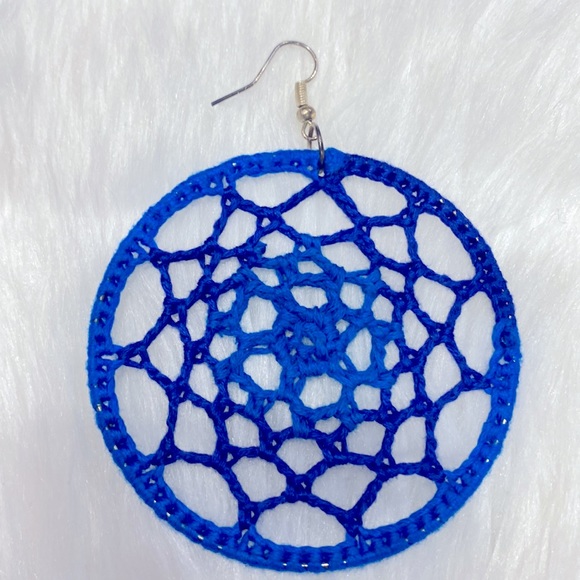 Handcrafted Crochet Webbed Shaded Blue Pair of Hoops Earrings One of A Kind ! - Picture 3 of 5